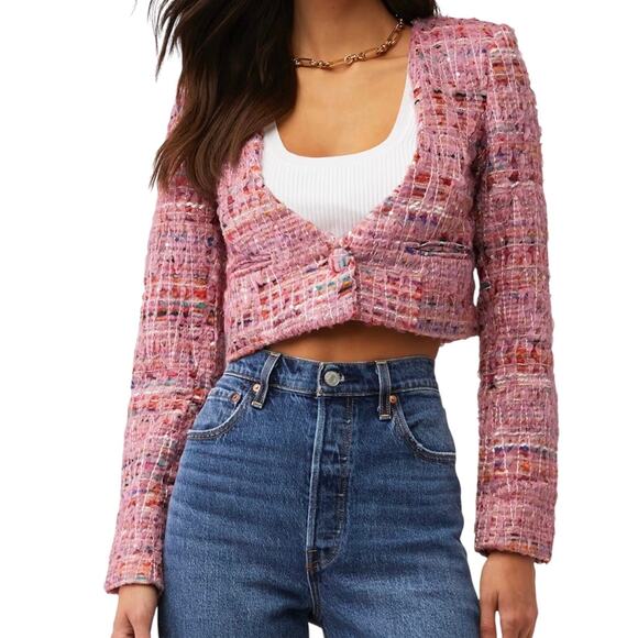 For Love & Lemons Celine Preppy Academia Pink Tweed Cropped Blazer Jacket Large